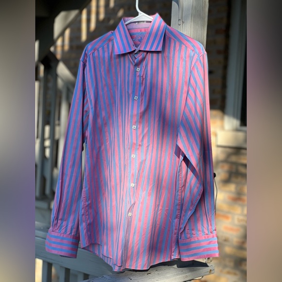 Bugatchi Shaped Fit Button-Down Shirt Large Pink Blue Striped - Picture 2 of 4